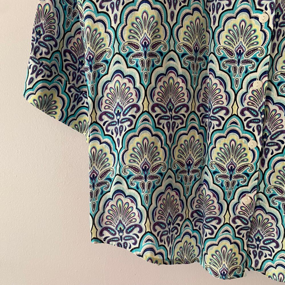 Chico's Blue Purple Paisley Print Button Down Shirt 100% Linen 2 / Large / 12 - Picture 4 of 9